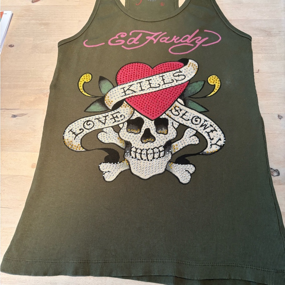 Vintage Ed Hardy Green Tank Top with Skull Design